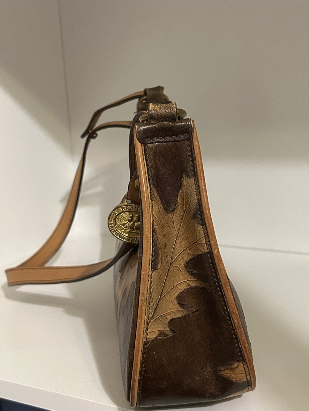 Brahmin Brown Leather Shoulder Bag with Tan Leaf Accents - Picture 11 of 12